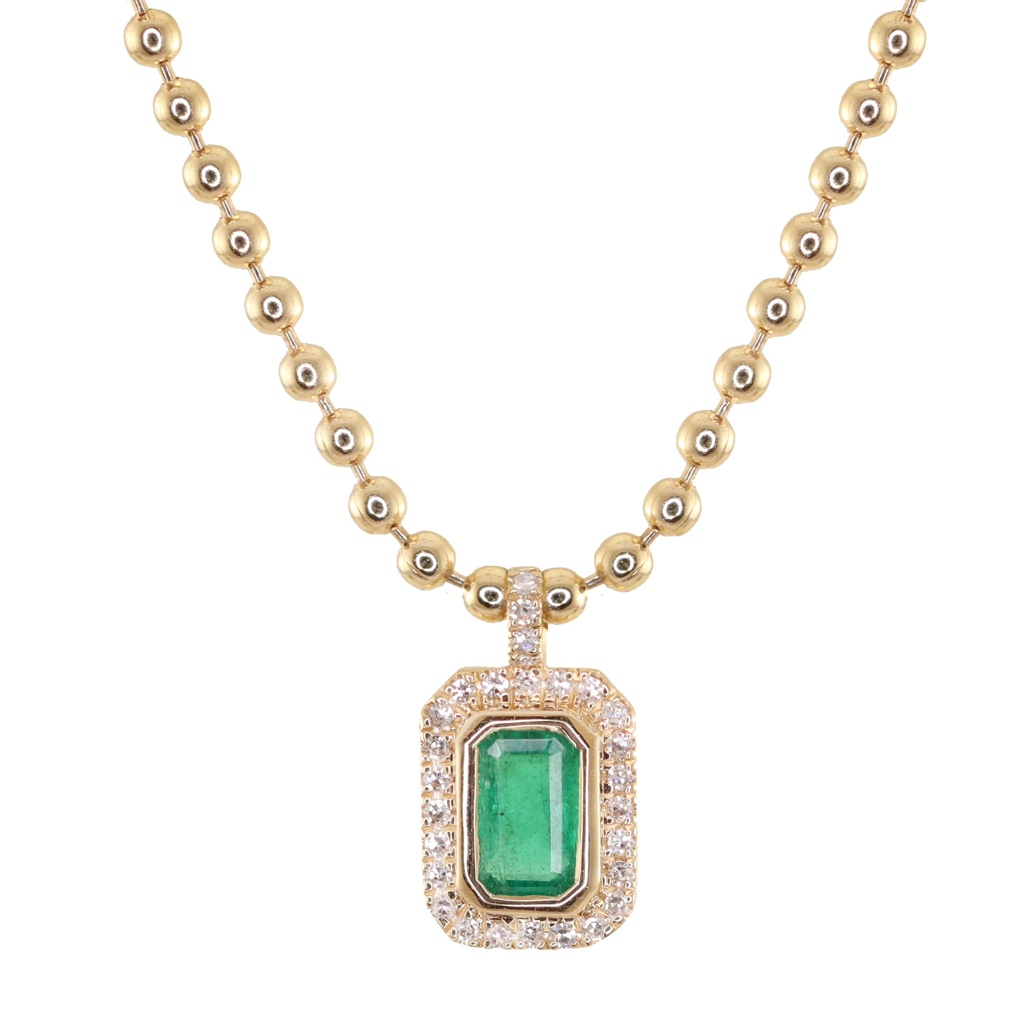 14kt gold and diamond mini emerald cut emerald necklace on ball chain