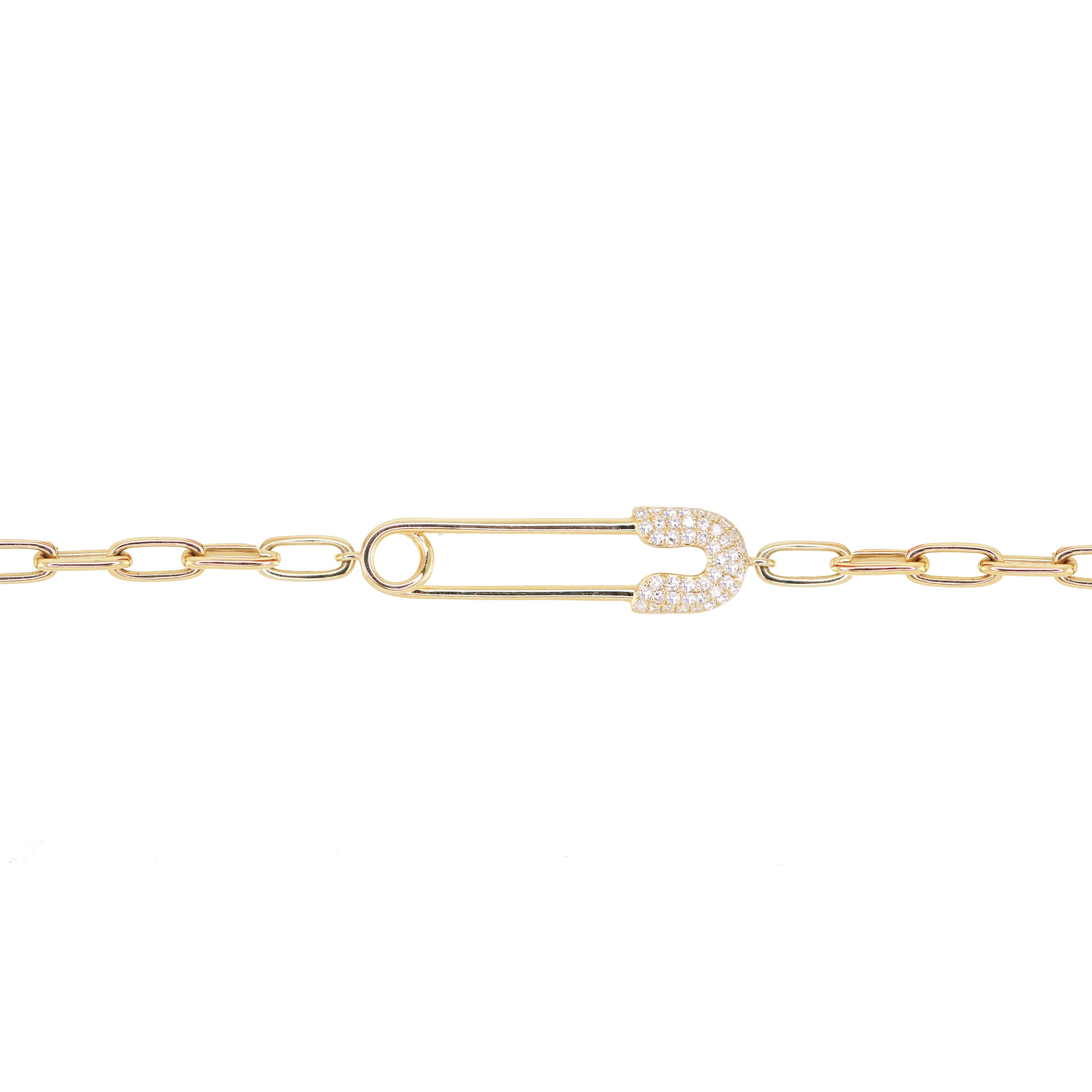 14kt gold and diamond safety pin paperclip chain bracelet | Luna Skye