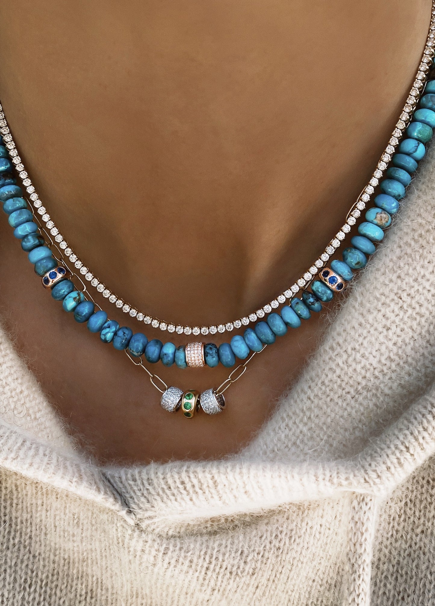 14kt gold turquoise grande diamond bead necklace