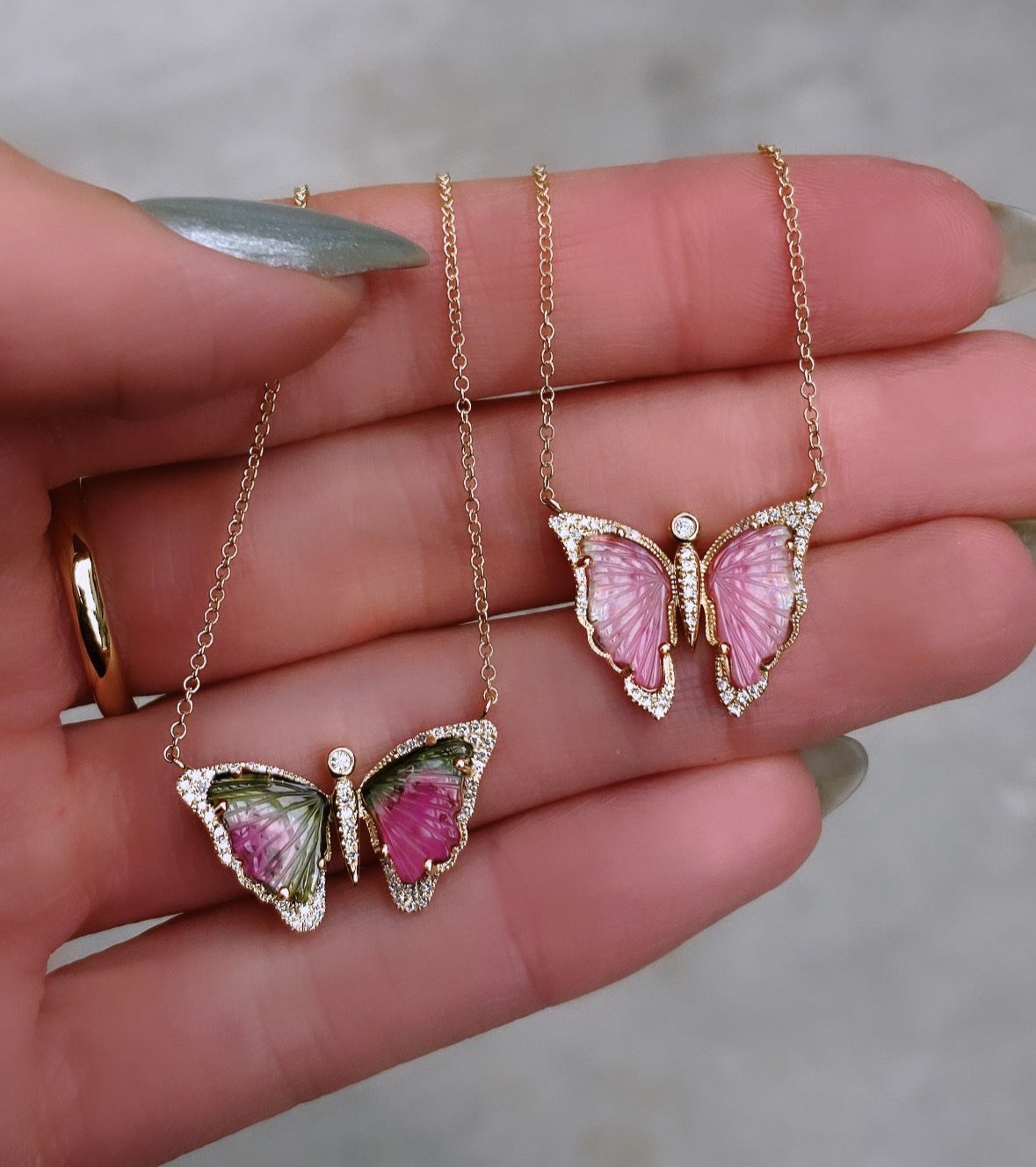 14kt gold and diamond mini pink tourmaline baby butterfly necklace