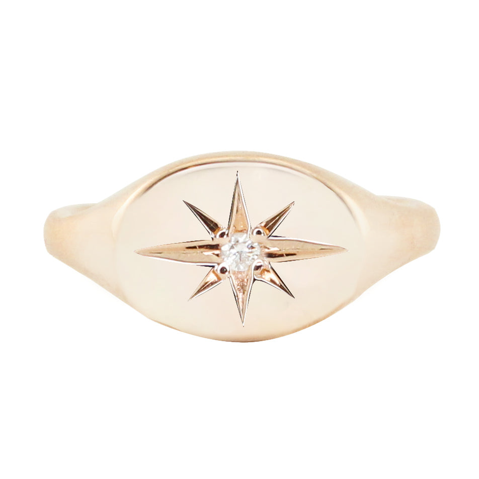 14kt gold and diamond horizontal starburst signet ring