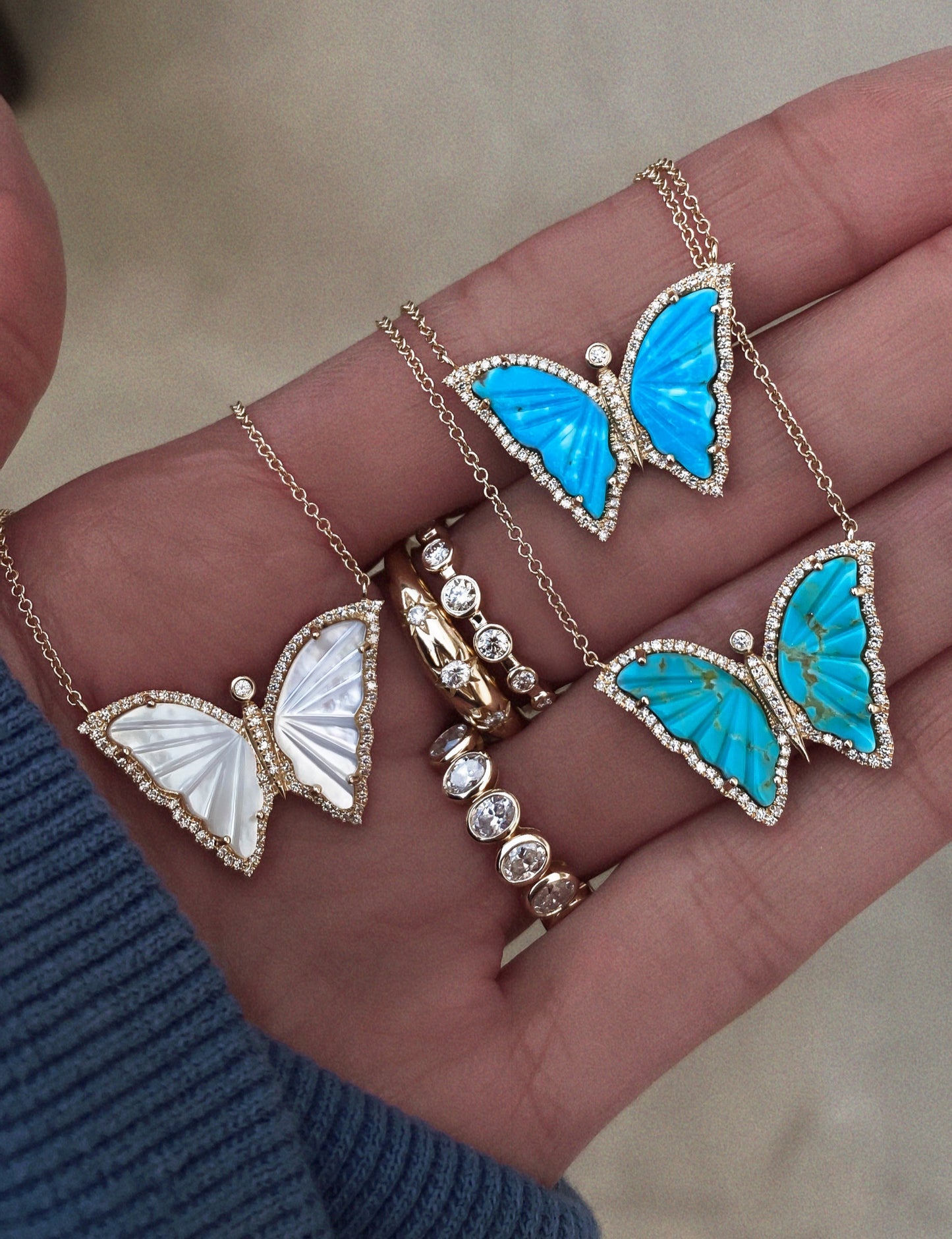 14kt gold and diamond turquoise baby butterfly necklace