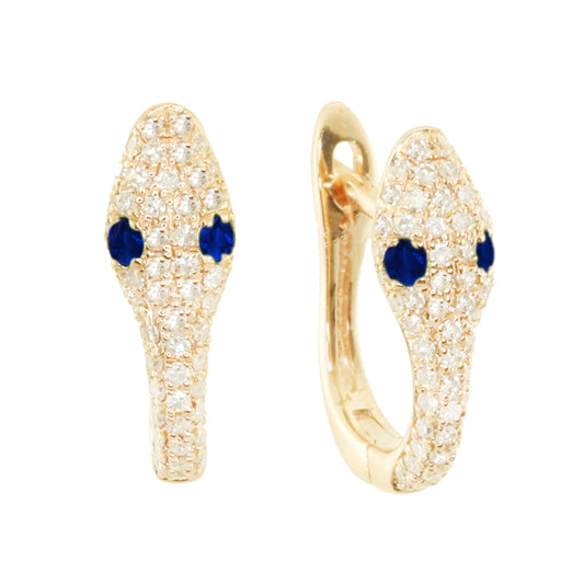 14kt gold and diamond blue sapphire eyes snake hoops