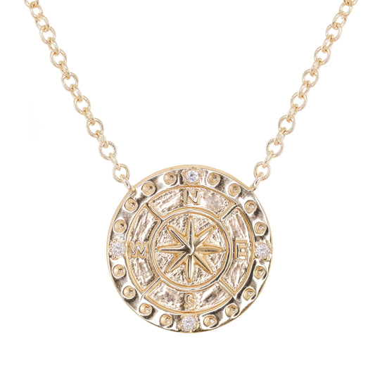 14kt gold and diamond compass coin necklace