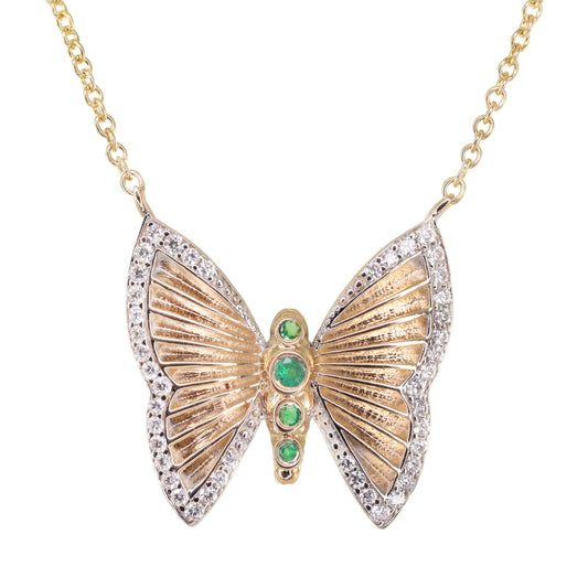 14kt gold emerald and diamond baby butterfly burst necklace