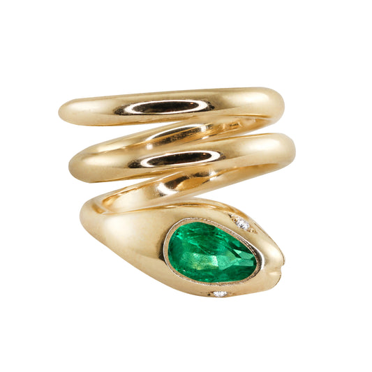 14kt gold coiled emerald snake ring