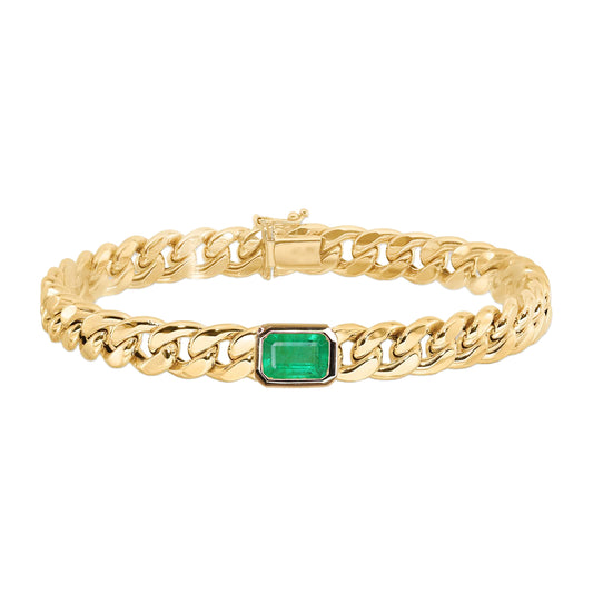 14kt gold cuban link emerald bezel bracelet