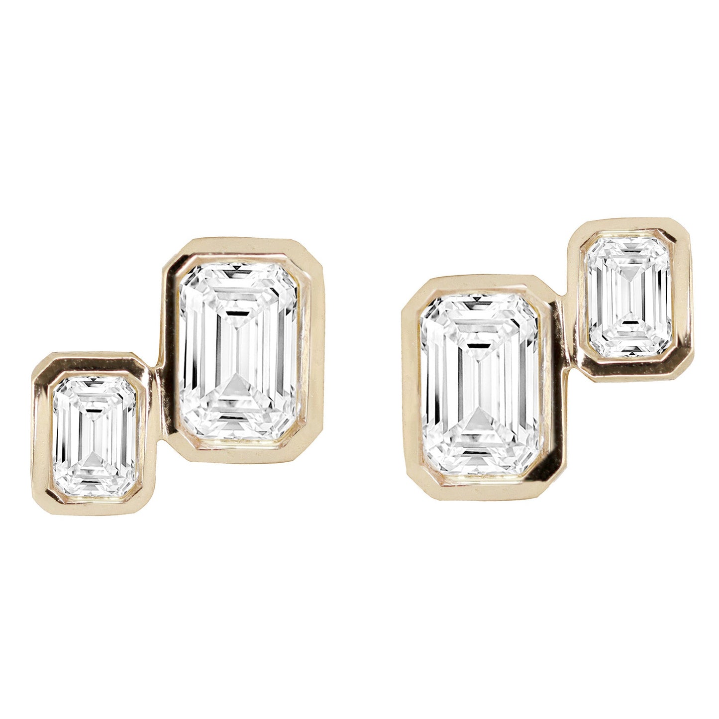 14kt gold emerald cut diamond bezel stud