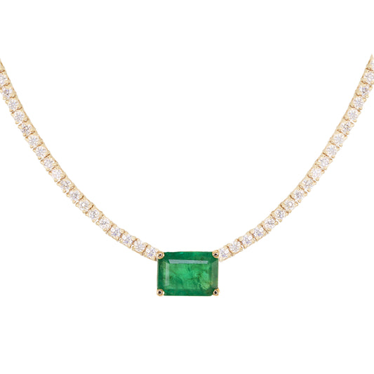 14kt gold and diamond solitaire emerald tennis necklace