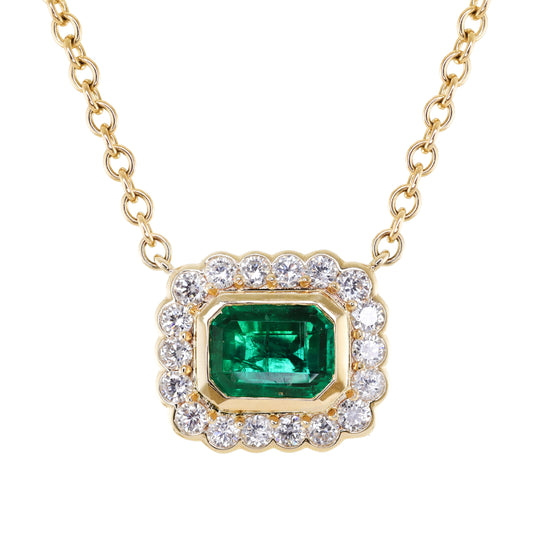 14kt gold and diamond grande emerald cut emerald bezel burst necklace