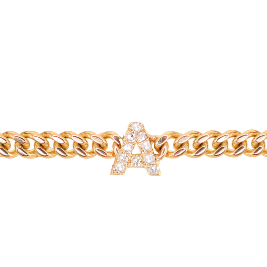 14kt gold and diamond mini initial flat link chain bracelet