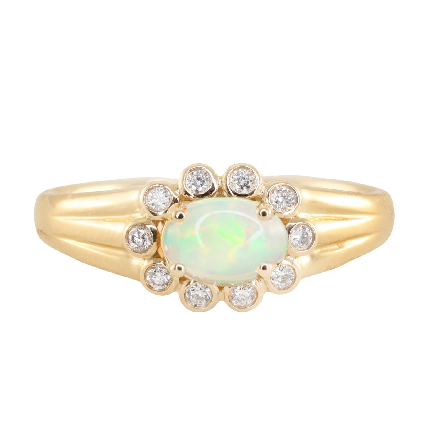 14kt gold and diamond opal bezel baby burst ring