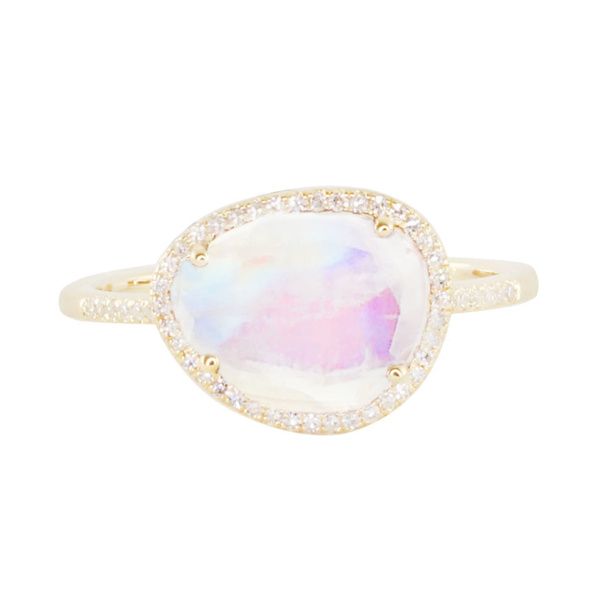 14kt gold and diamond single band moonstone ring