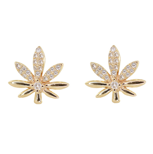 14kt gold diamond sweet leaf studs