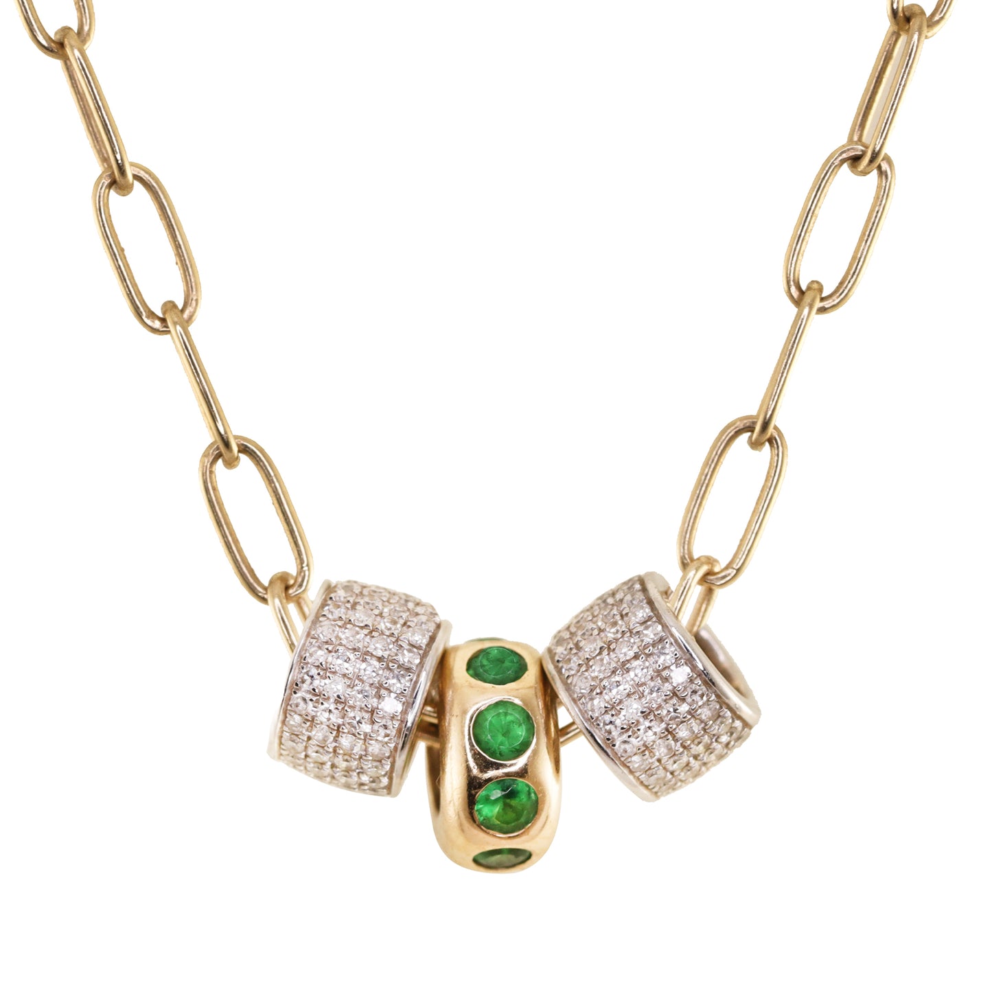 14kt gold diamond and emerald trio rondelle paperclip necklace