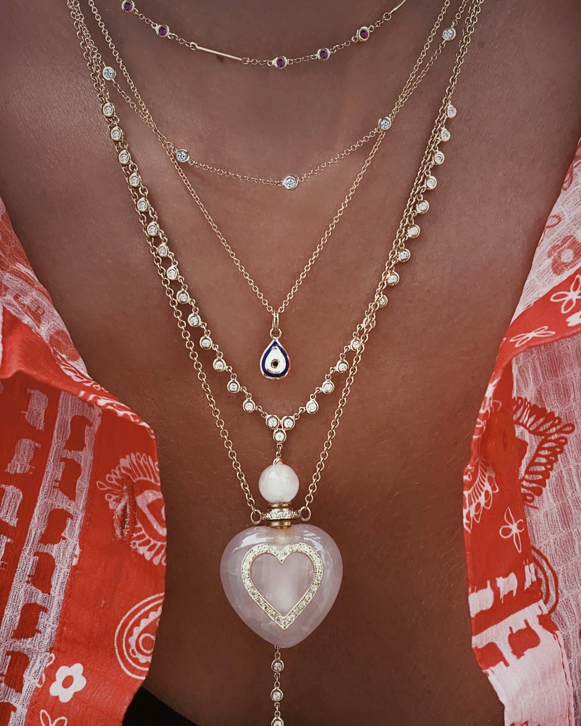 14kt gold and diamond heart rose quartz perfume bottle necklace