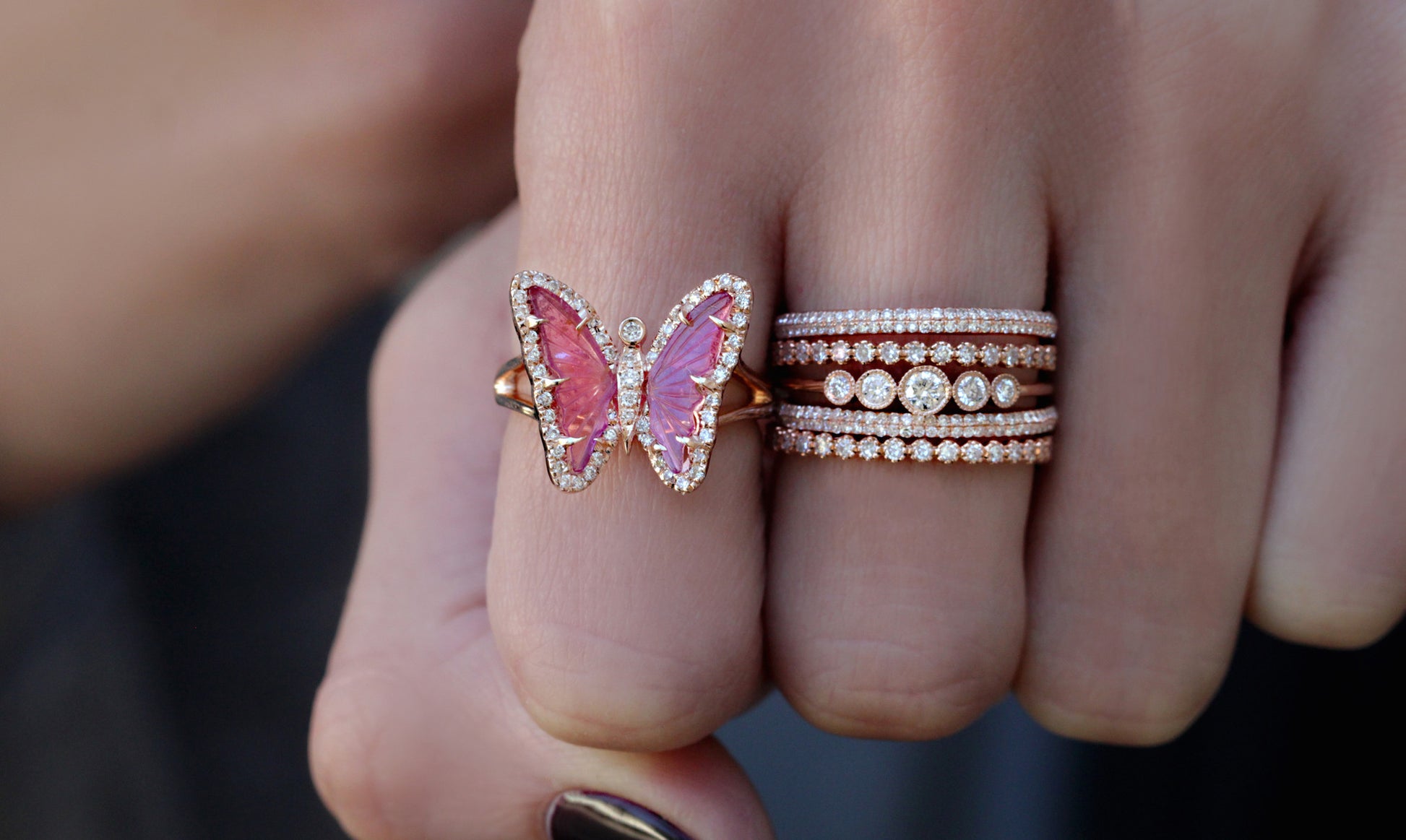 Fancy Pink Diamond BUTTERFLY Ring, 14K Gold Two Tone Crossover Ring, Unique  Bypass Fine Jewelry