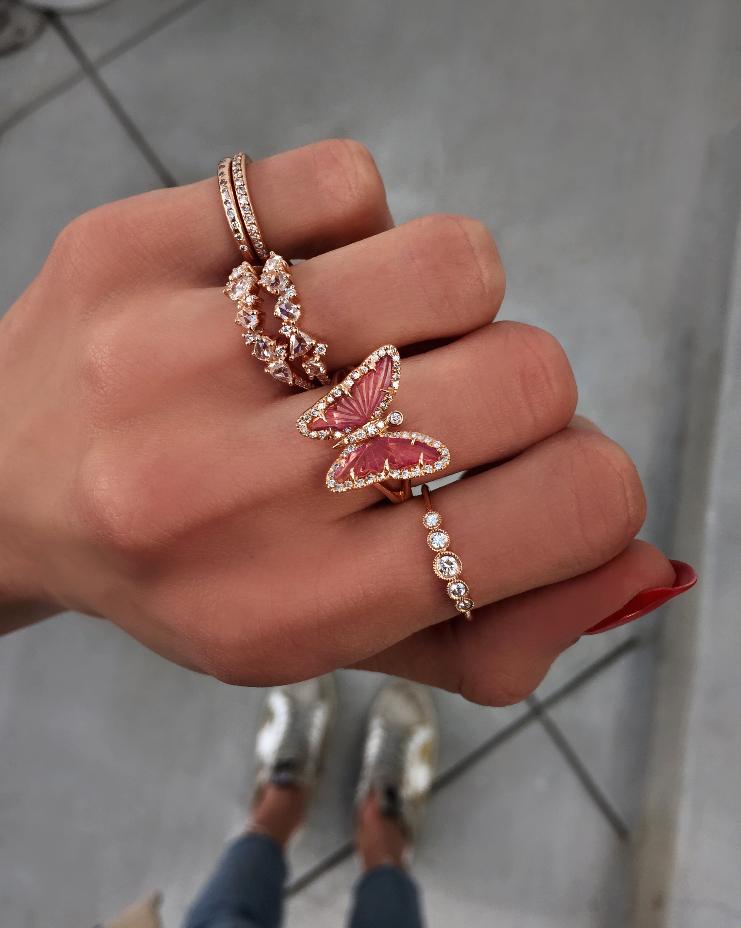 14kt gold and diamond pink tourmaline butterfly ring