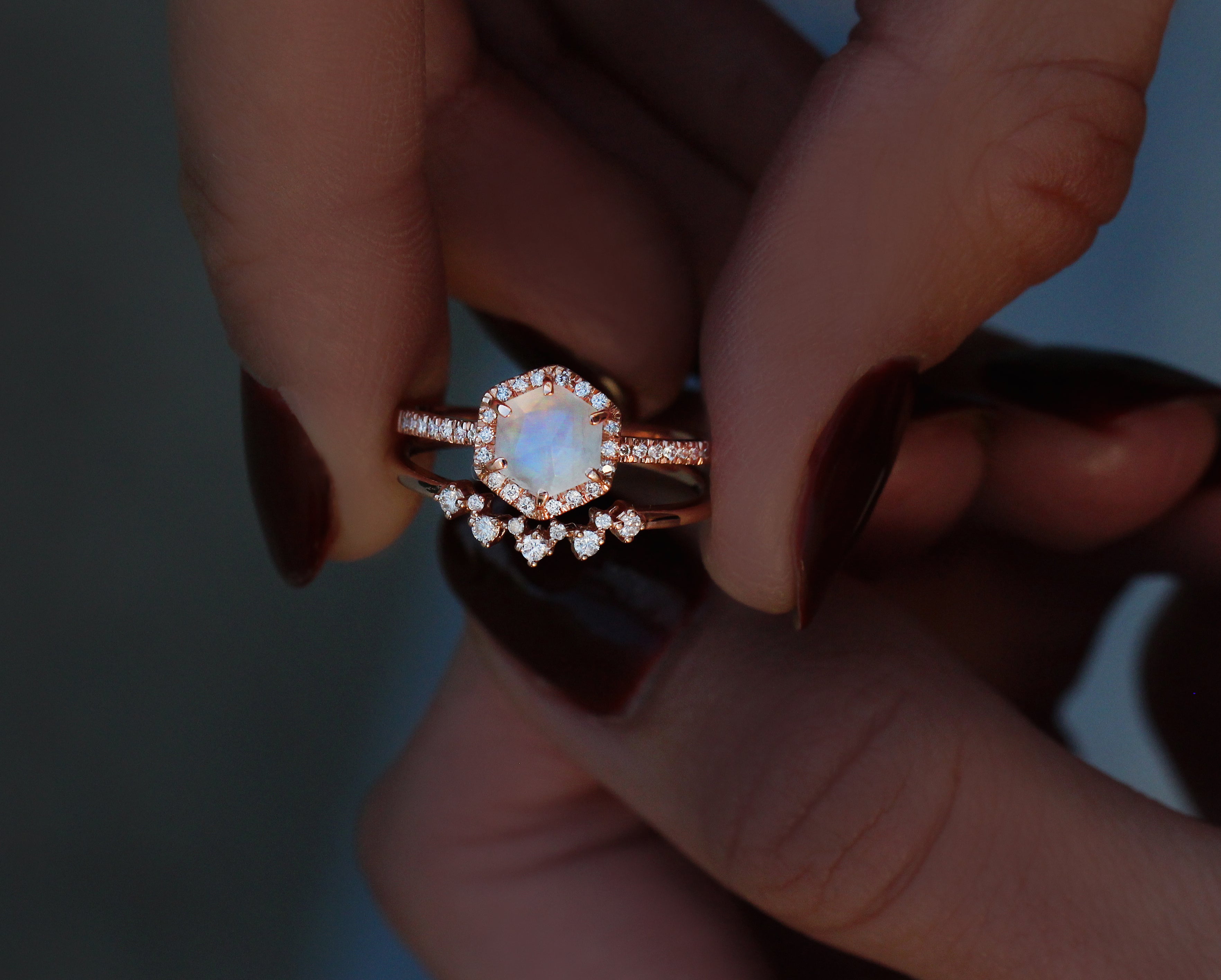 14kt gold and diamond moonstone hex ring | Luna Skye