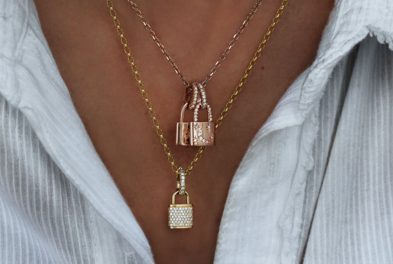 14kt Two Tone Gold Diamond Lock Necklace