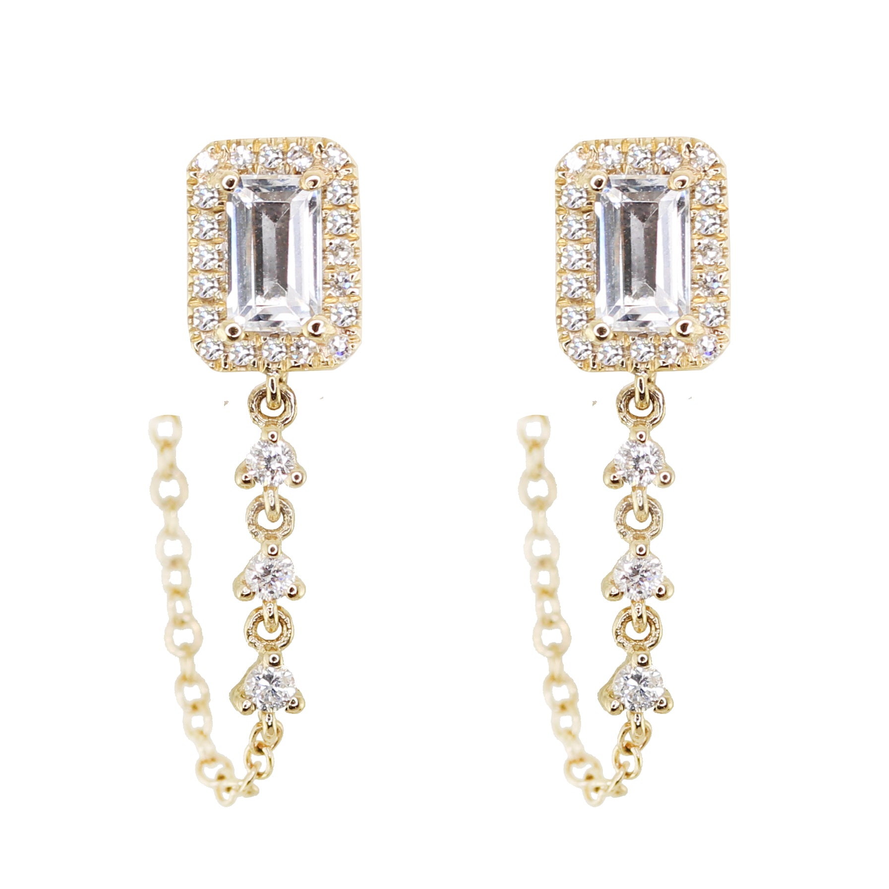 14kt gold and diamond emerald cut chain earrings – Luna Skye