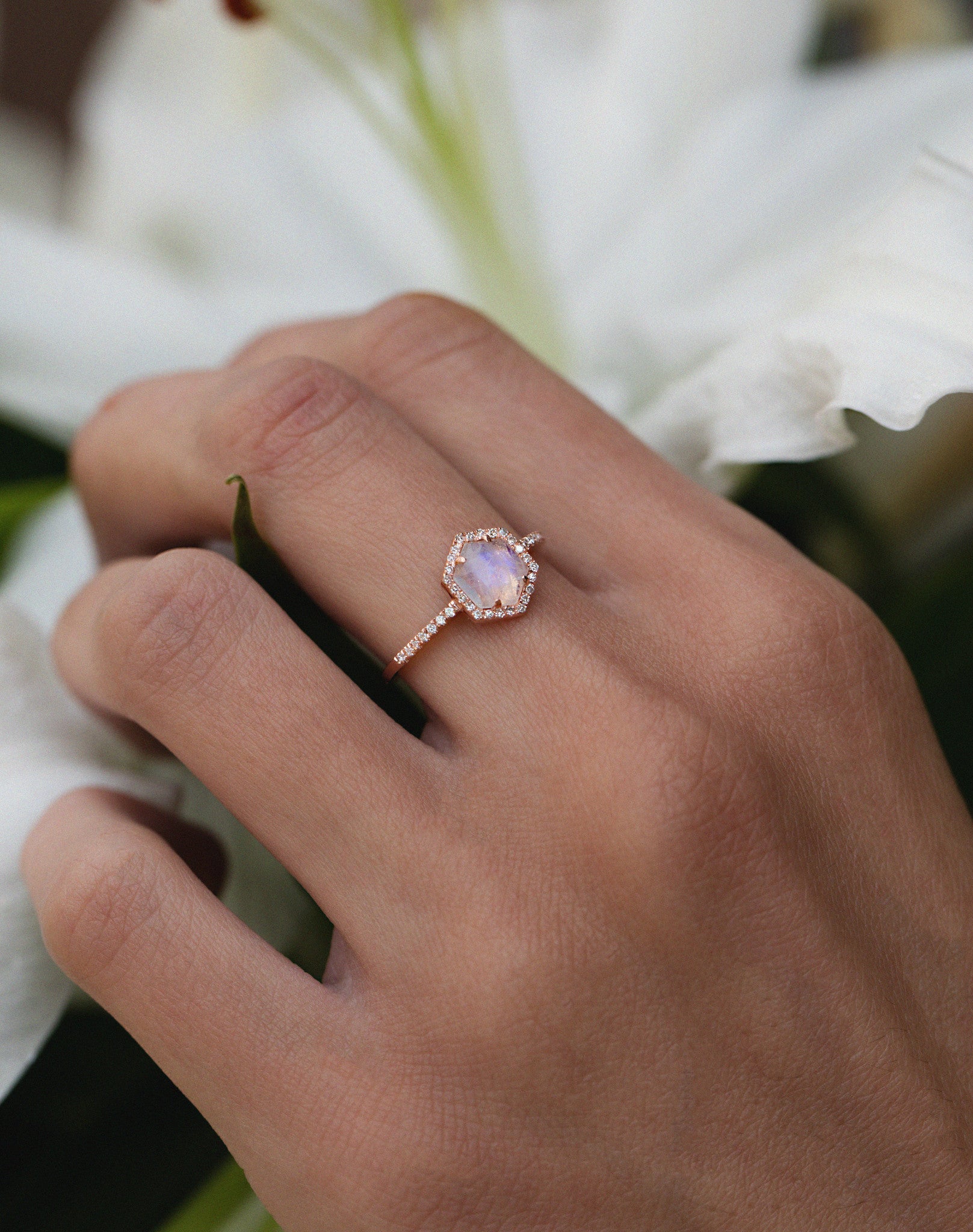 14kt gold and diamond moonstone hex ring | Luna Skye