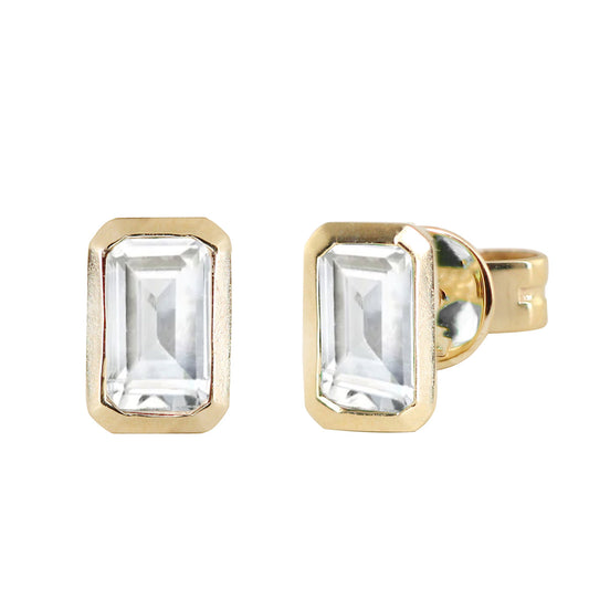 14kt gold emerald cut white topaz bezel studs