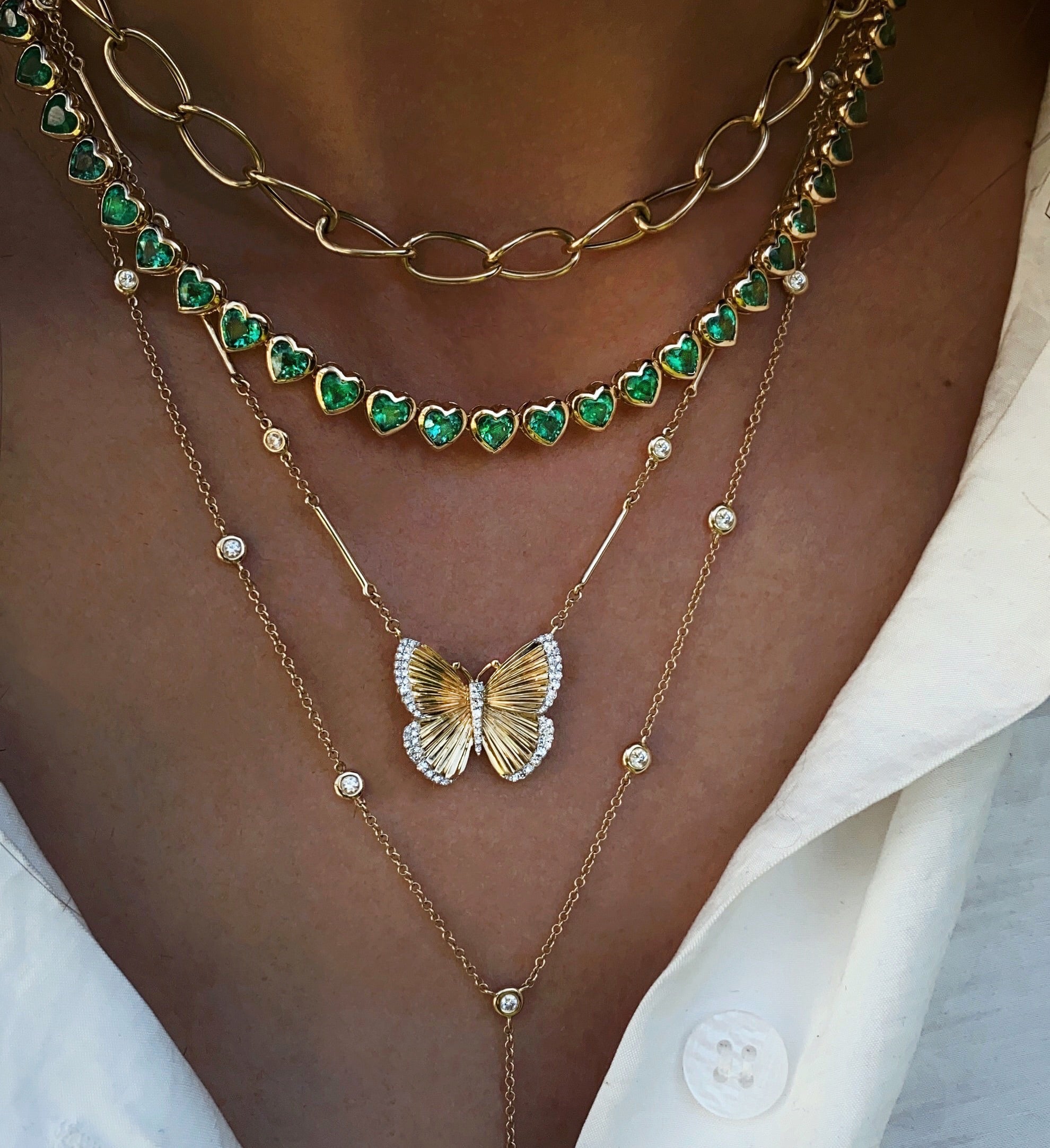 14kt gold heart emerald tennis necklace