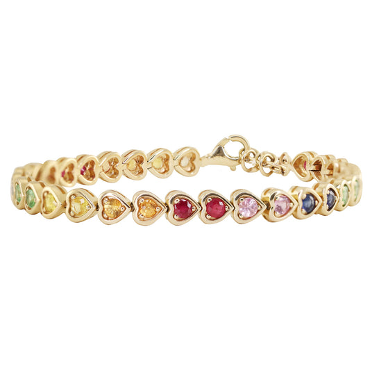 14kt gold rainbow sapphire heart bezel tennis bracelet